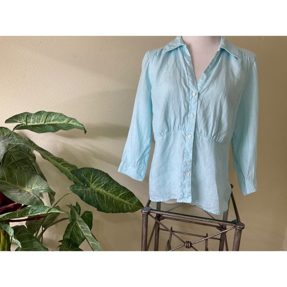 Talbots Women’s  pure Irish Linen button up v neck Robin’s egg blue Plus sz. 14 - Picture 1 of 9